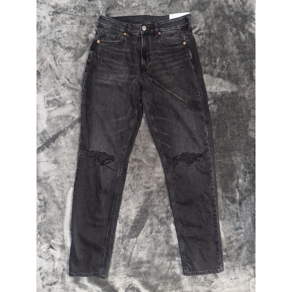 NWT American Eagle Mom Jeans Women's 4 27W Strigid Destroyed Black Ripped Denim